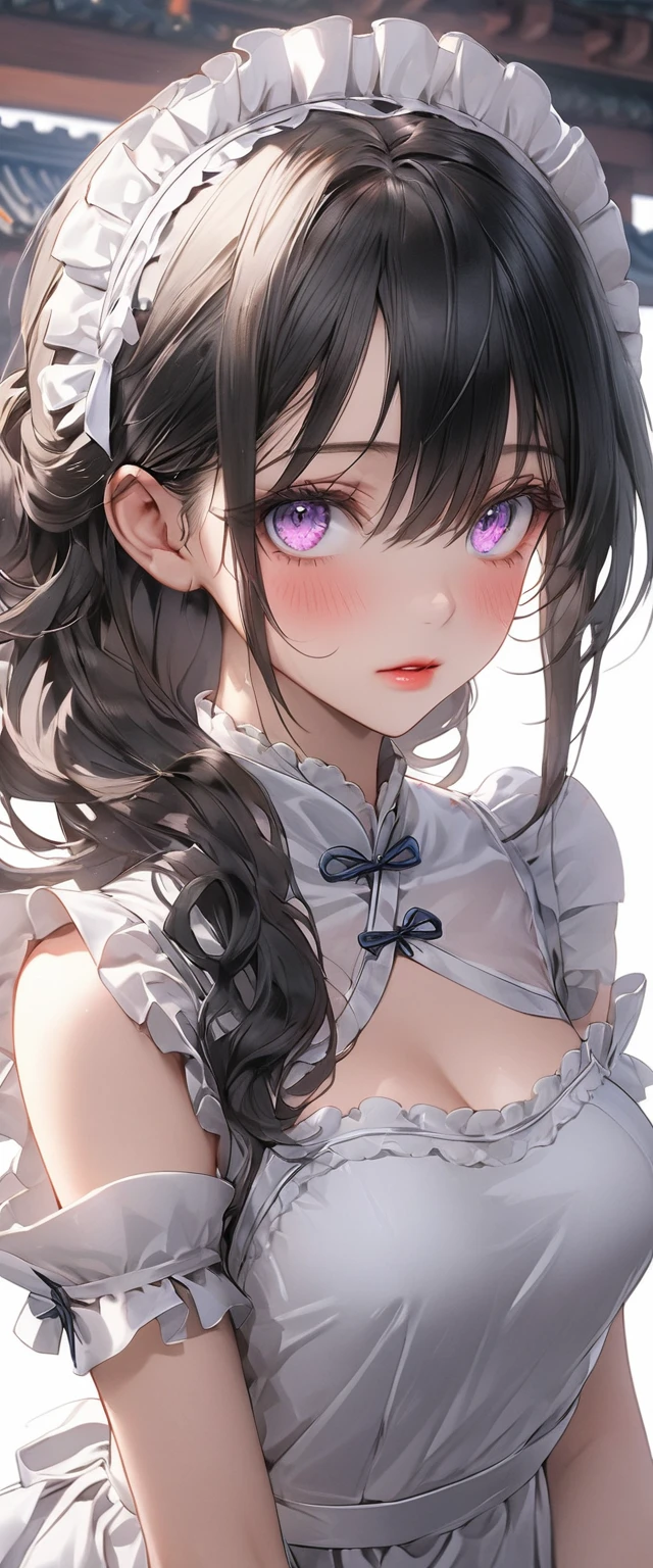(Best illustrations)、(Beautiful and detailed eyes)、(Highest quality)、(Ultra-detailed)、(masterpiece)、(wallpaper)、(Detailed face)、solo、 1 person、View your viewers、Fine details、Detailed face、Dark Night、Deep Shadow、Low Key、Pure Erotic Face Ace_v1、Laughter、bust、Transparent bottom、Mecozi、Are standing、garter belt、Wearing high heels、necklace、耳Nipple Ring、Half Shoulder、(Maid clothes:1.5)
