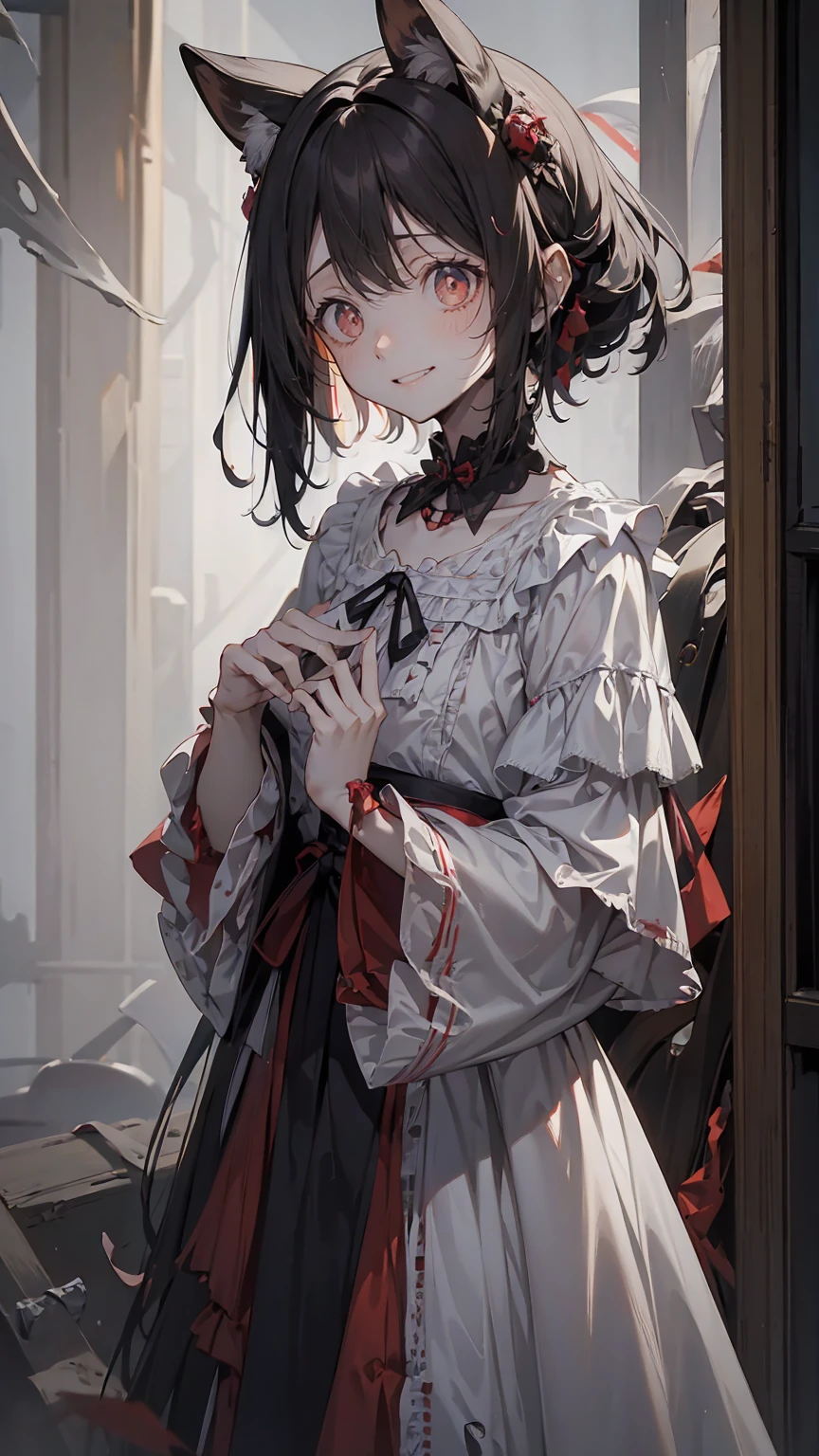 Dark blue(((1girl))), ((((solo)))), ((messy hairstyle)), standing taking a picture, (((dark gray hair)), red eyes, soft blouse