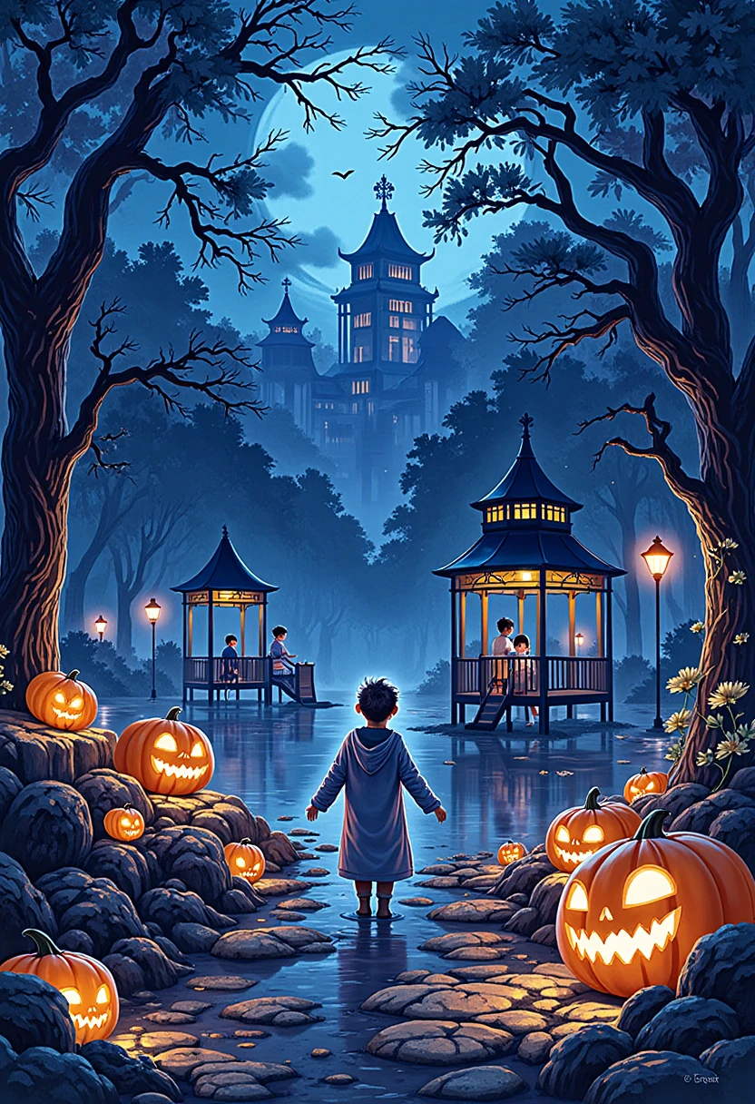 HalloweenGlowStyle ，Playground，Halloween，Halloween南瓜,  dark , atmosphere, night, glow, (masterpiece:1.3) ( Best quality:1.2) (High quality:1.1)