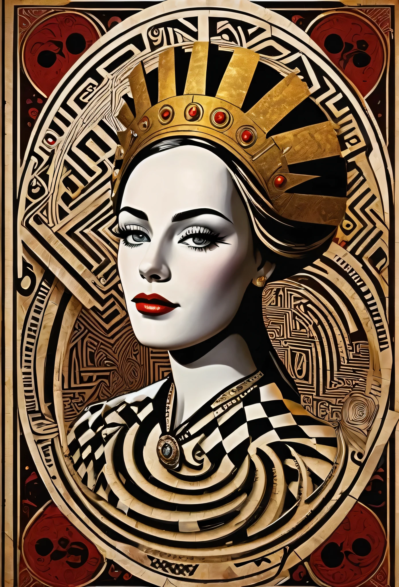 professional image, professional lights, ai drivenl maze,, a queen of clubs card with a strange maze made by book pages, lost and forgotten, hypnotic, mistic and strange image, old card, the queen got a futuristic picasso's style face
