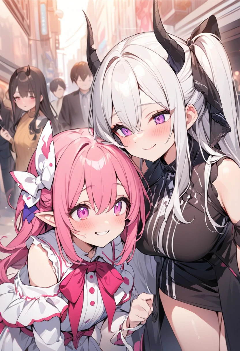 masterpiece, best quality, ultra-detailed, two girls standing very close, one with a playful smile, tilting her head slightly as she pulls on the other girl's ribbon, her horns adding a mischievous vibe, the other girl blushes deeply, her eyes wide with a mix of surprise and shyness, the background is a simple, bright pink, contrasting their monochrome designs, creating a bold, manga-like visual.