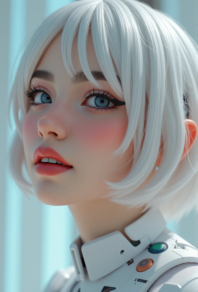 Alexami, A beautiful portrait, looking away, 3d model, 3d render, cyborg girl, very close up, white short hair, vibrant smile, background, a 3d model that tries to be as realistic as possible 