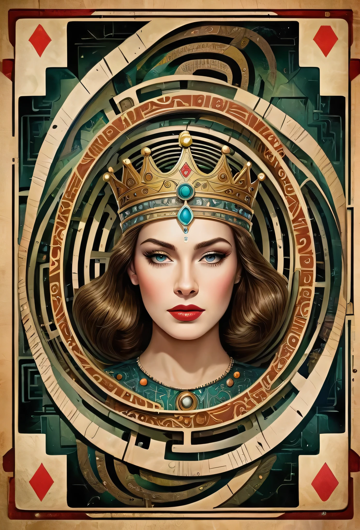 professional image, professional lights, ai drivenl maze,, a queen of clubs card with a strange maze made by book pages, lost and forgotten, hypnotic, mistic and strange image, old card, the queen got a futuristic picasso's style face
