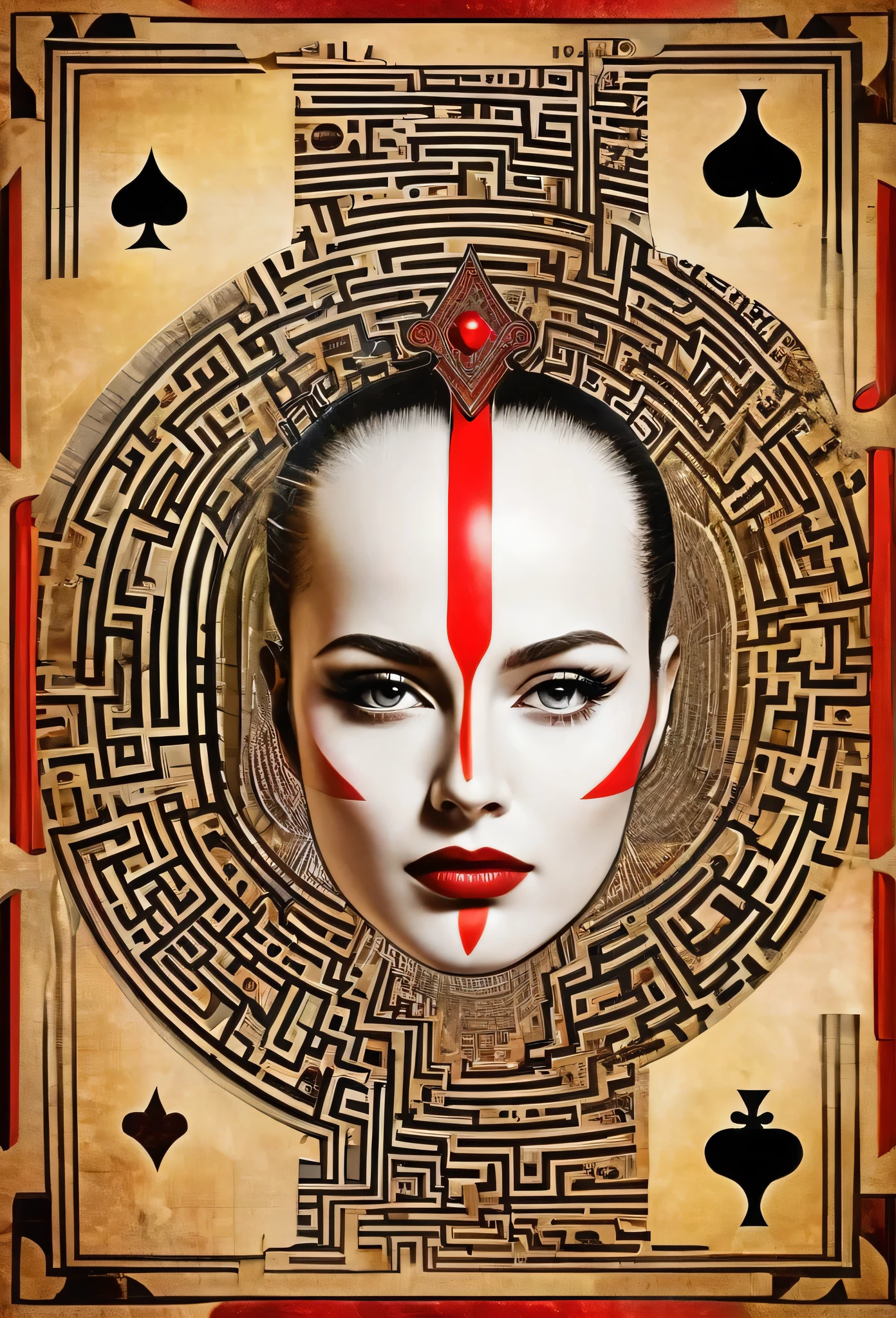 professional image, professional lights, ai drivenl maze,, a queen of clubs card with a strange maze made by book pages, lost and forgotten, hypnotic, mistic and strange image, old card, the queen got a futuristic picasso's style face
