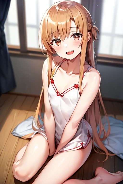 ((Best Quality)), ((masterpiece)), (be familiar with), Perfect Face, indoor, bedroom, Watching the audience,
One woman, Yuuki Asuna,
Open Mouth, Ecstatic expression, blush, smile,
Small breasts,  flat chest, , , , Girl,
Long Hair, Long Hair,
Leg spread,