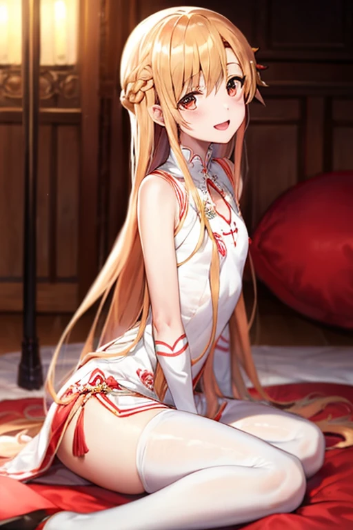 ((Best Quality)), ((masterpiece)), (be familiar with), Perfect Face, indoor, bedroom, Watching the audience,
One woman, Yuuki Asuna,
Open Mouth, Ecstatic expression, blush, smile,
Small breasts,  flat chest, , , child, Girl,
Long Hair, Long Hair,
Leg spread,