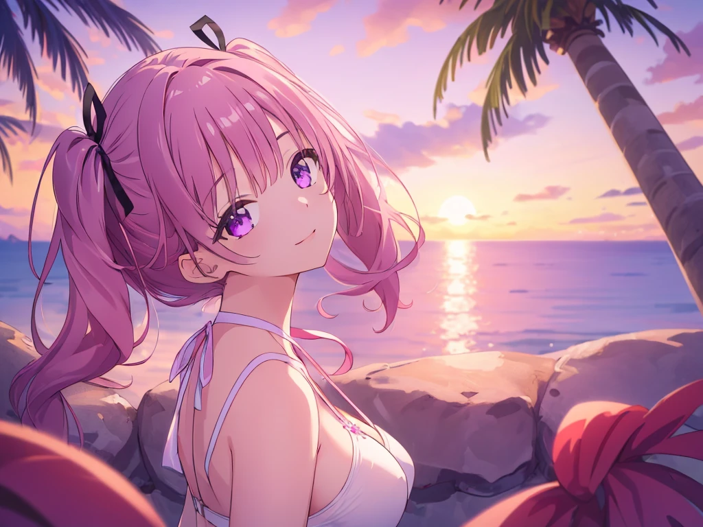 ((8k, Highest quality, masterpiece: 1.3)),Ultra-high resolution,(1 girl, alone), Highly detailed dark purple eyes, Highly detailed face, from above, closed mouth, head tilt, light from back,
light pink short twintails, sunglasses on head, white bikini, sunset, breast, blurry background, ribbons, palm trees