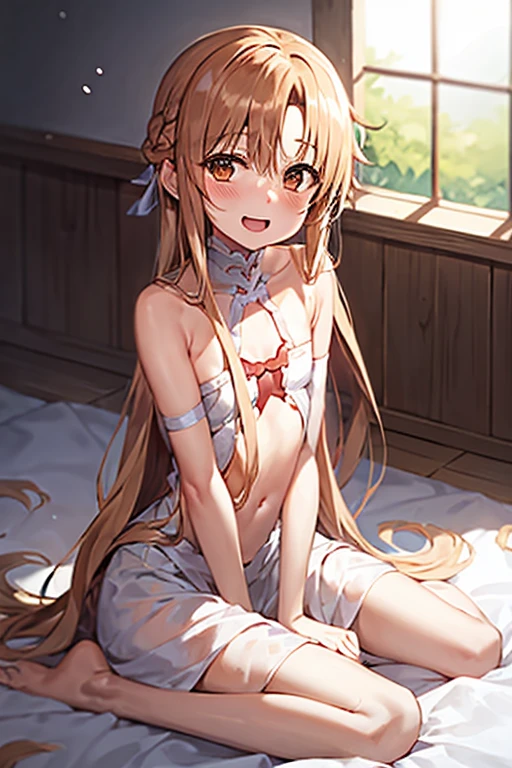 ((Best Quality)), ((masterpiece)), (be familiar with), Perfect Face, indoor, bedroom, Watching the audience,
One woman, Yuuki Asuna,
Open Mouth, Ecstatic expression, blush, smile,
Small breasts,  flat chest, , , child, Girl,
Long Hair, Long Hair,
Leg spread,