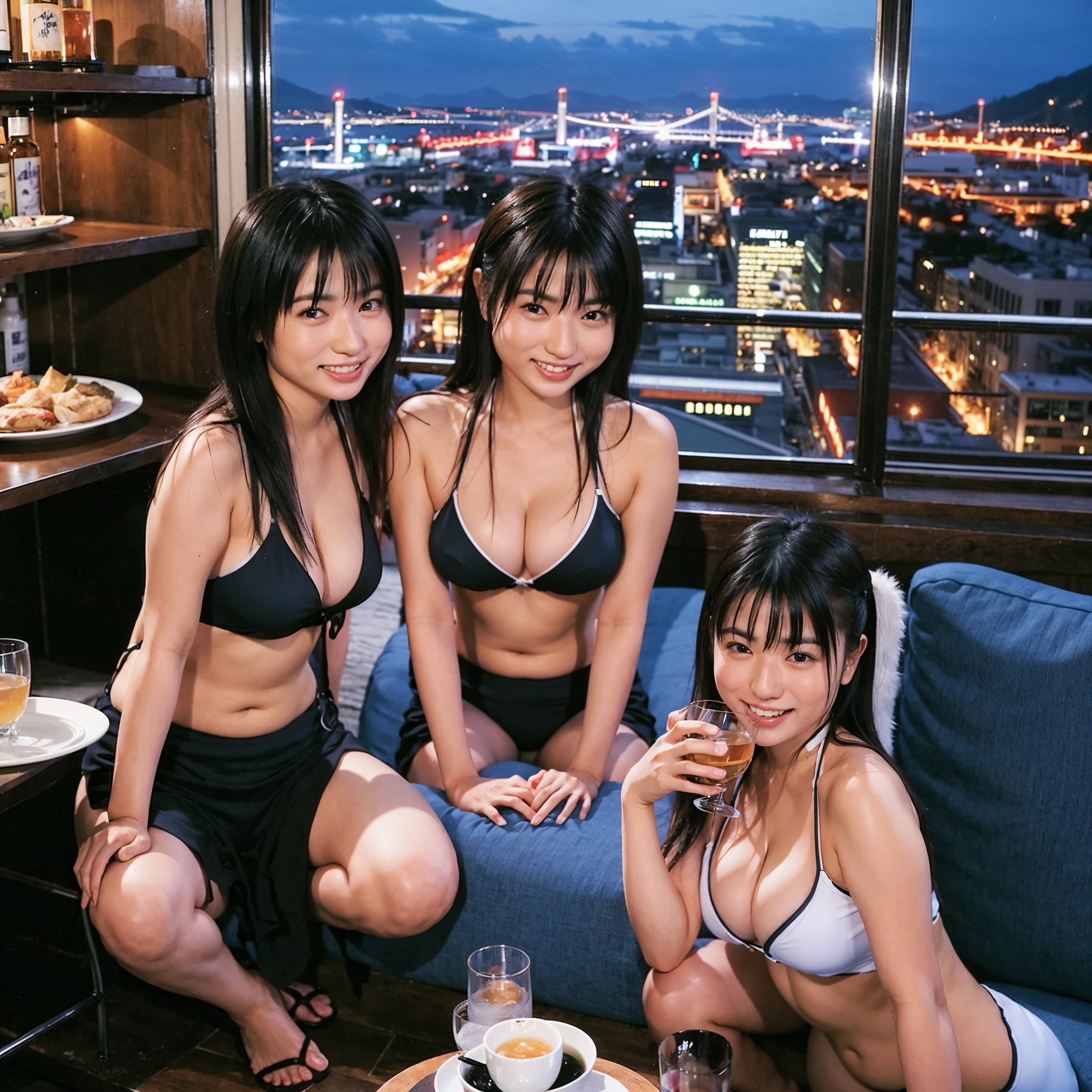 Identical twin sisters、High-end camera-like detail、、Couple、banquet、Japanese sake、Shochu、Japanese sakeファン、I love Japanese sake、Slender、Large Breasts、Two women drinking alcohol、24-years-old、 24-years-old、Japanese、Beautiful black hair、Beautiful woman with a glass and cup、Japanese Japanese sakeグラスとワイングラスにはJapanese sakeが入っており、Japanese sakeは720m、1.You can also see the 8L sake bottle.、There is also Choshi、An adult woman in her 30s、Enjoying a drink with a lovely smile、 Location: Hotel restaurant、Outside the window you can see the beautiful night view of the city.、The floor is on the first floor.、In the background, you can see men and women enjoying drinks.。