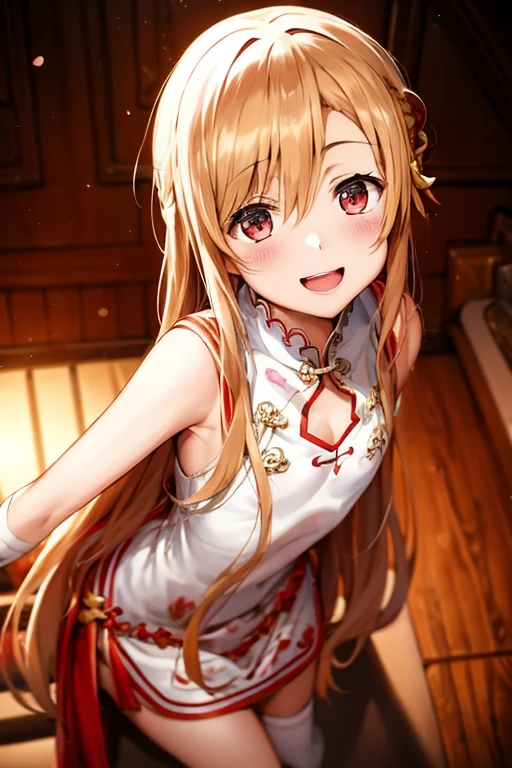 ((Best Quality)), ((masterpiece)), (be familiar with), Perfect Face, indoor, bedroom, Watching the audience,
One woman, Yuuki Asuna,
Open Mouth, Ecstatic expression, blush, smile,
Small breasts,  flat chest, , , child, Girl,
Long Hair, Long Hair,
Leg spread,