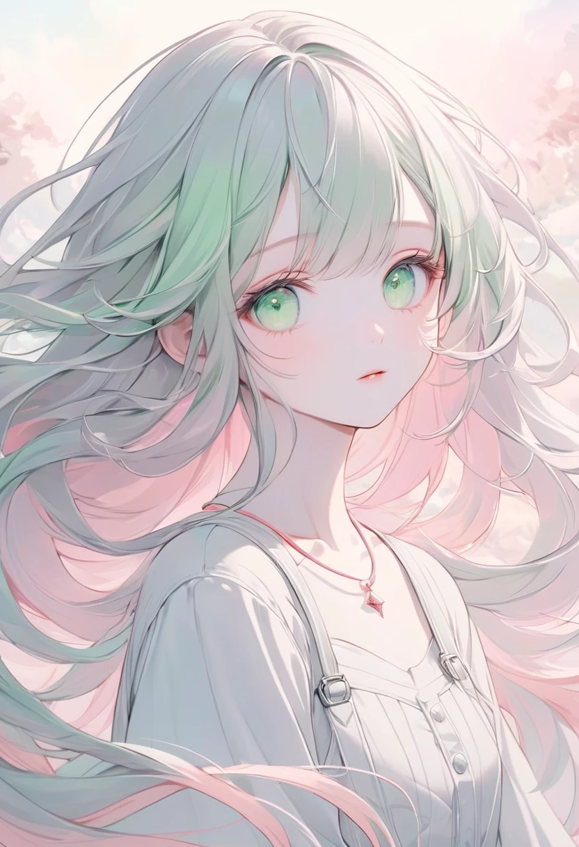 masterpiece, best quality, ultra-detailed, pastel color palette, a soft and ethereal depiction of a character with a striking black-and-white hairstyle. Their long hair is rendered in soft, flowing pastel tones, with the black side of their hair shaded in gentle hues of grey and the white side blending into soft, pale pastels. Their green eyes are painted with soft, glowing pastel tones, giving them a dreamy, otherworldly quality. The scar on their face is depicted with gentle pastel reds, blending seamlessly into the soft shading of their pale skin. The character’s red necklace is rendered in muted pastel pinks, adding a soft pop of color that contrasts with the monochromatic tones of the rest of the image. The overall composition feels soft and serene, with the pastel colors creating a calm, dreamlike atmosphere that contrasts with the character’s intense gaze. The background is kept minimal, with soft pastel gradients that blend into the character’s flowing hair, enhancing the ethereal quality of the scene.