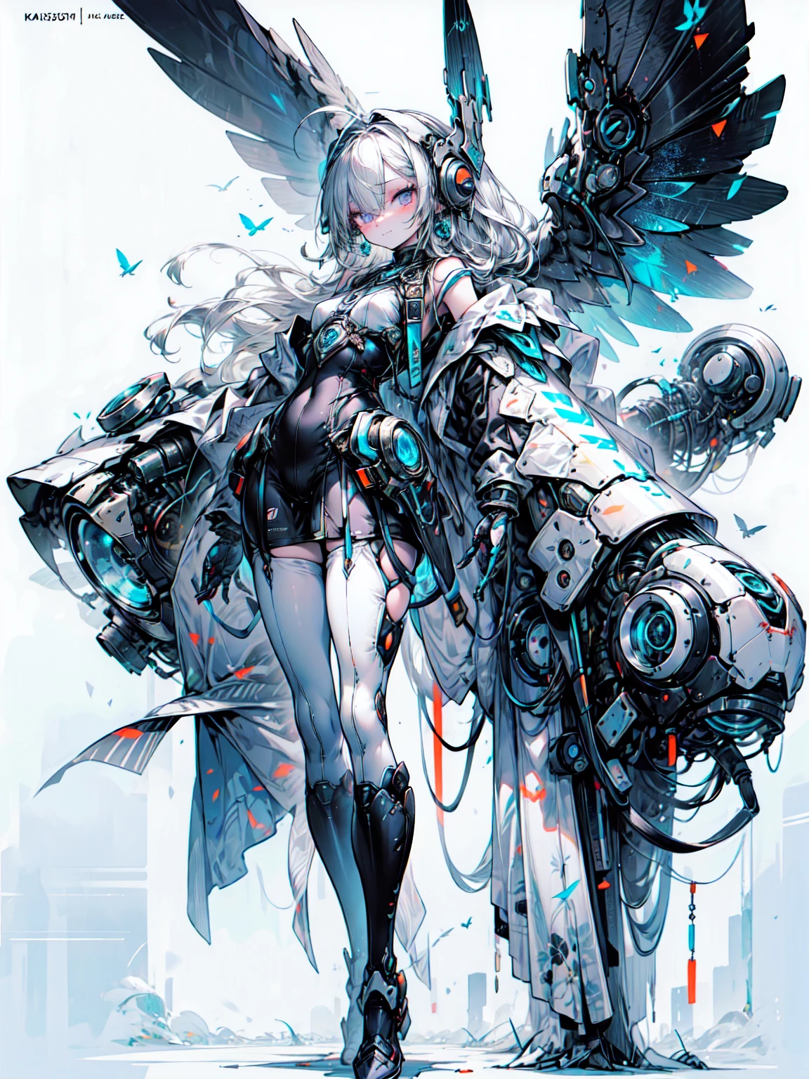  Dieselpunk Female Angel Knight 、 Please wear the machine's angel armor 、  The whole body is beautifully and elegantly decorated  ...., Bright and vibrant orange eyes,  Armor is jet blue  .、  pale gold accents  ..., Armed Armor 、Chest、  A beautiful art deco pattern is engraved on the legs.....。,  Beautifully designed black mechanical angel .、Spread your wings, Hide your face,  Elegant and beautiful dieselpunk knight 、  cowboy shot,  anime art style 、Blake、(Dark Elf), Perfect Face, 優しいsmile、Get used to it, Ahoge, ((Long Hair:1.2)), (Hair above the eyes:1.3), [[Messy Hair]], Shiny Blonde, Purple eyes, Spotted Eyes, Colorful Hair, Sparkling Eyes, (eyelash, Eyeshadow, ピンク Eyeshadow), bright, smile, Design Art：Haruhiko Mikimoto, Kawasaki, Yoshitaka/Amano 