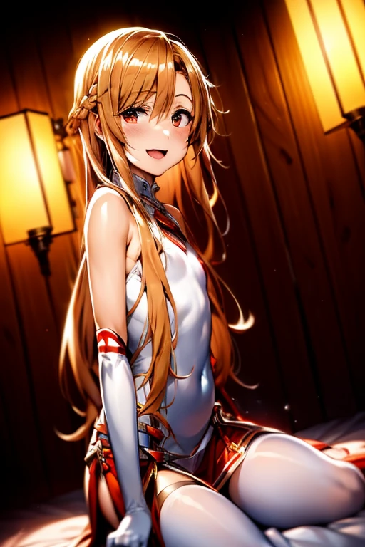 ((Best Quality)), ((masterpiece)), (be familiar with), Perfect Face, indoor, bedroom, Watching the audience,
One woman, Yuuki Asuna,
Open Mouth, Ecstatic expression, blush, smile,
Small breasts,  flat chest, , , child, Girl,
Long Hair, Long Hair,
Leg spread,