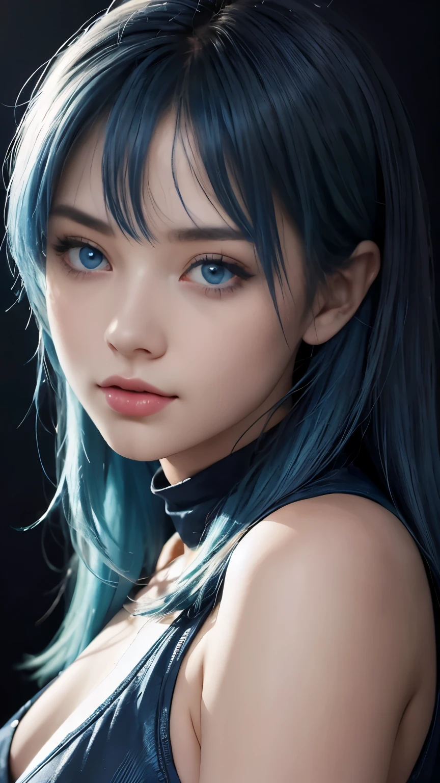 （and soul）（secondary elements）1 girl、((blue hair))、hair length、(blue eyes)、(gradient eyes)、sparkling eyes、bright eyes、finely tuned、expressive eyes、blue clothes、gem、Blue lighting、blue theme、（shape：1.5）、abstract、highest quality、Super detailed、(random pose)、(Beautiful worldview)、