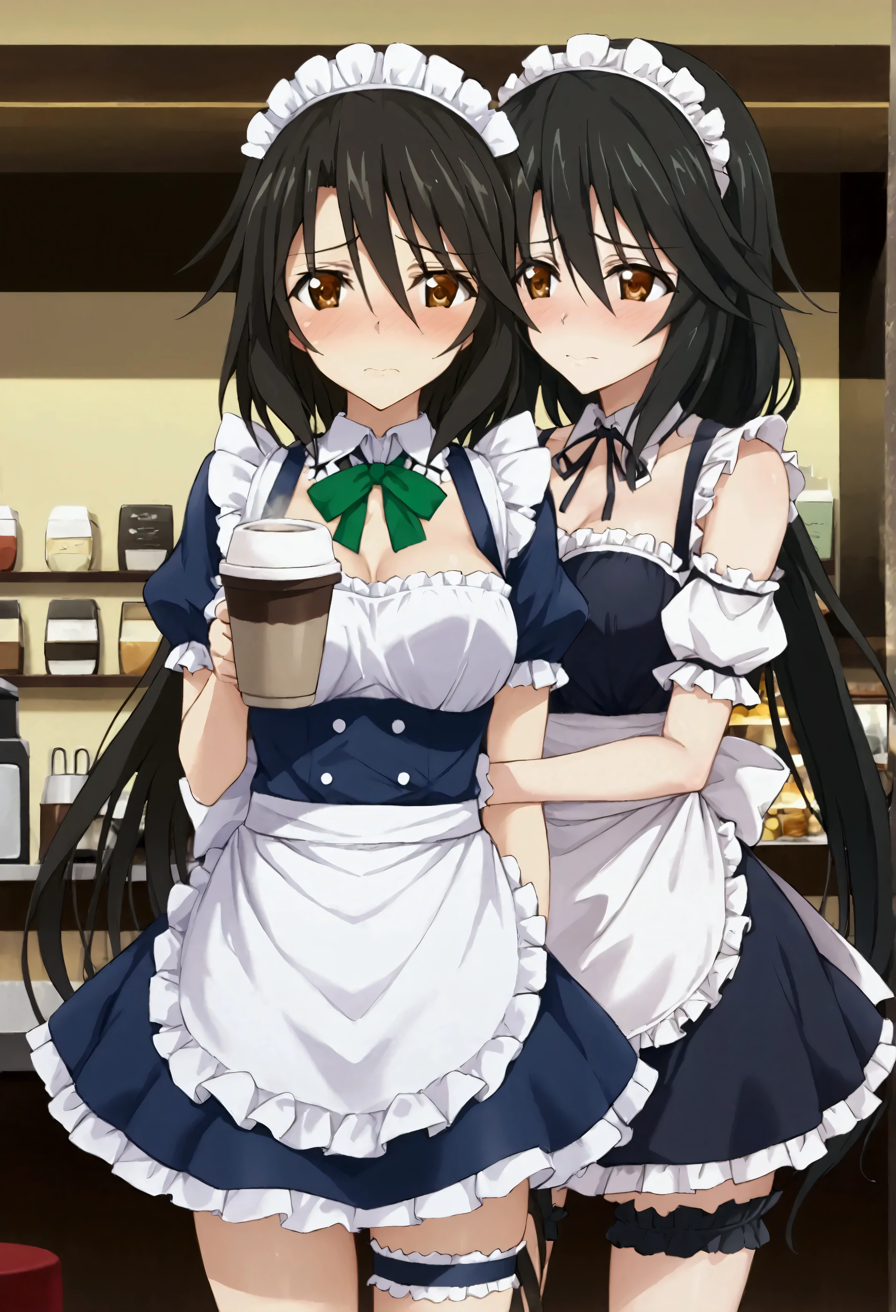 NSFW,masterpiece,Best Quality,High resolution, very detailed,Chifuyu Orimaru\( Infinite Stratos\),Long Hair、bangs、Black Hair、Hair between the eyes、 Brown Eyes ,Maid uniform,Maid Headband, Thigh Straps,Coffee shop,Embarrassed,blush