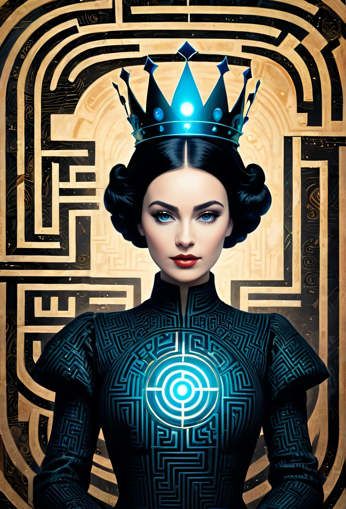 professional image, professional lights, ai drivenl maze,, a queen of clubs card with a strange maze made by book pages, lost and forgotten, hypnotic, mistic and strange image, old card, the queen got a futuristic picasso's style face
