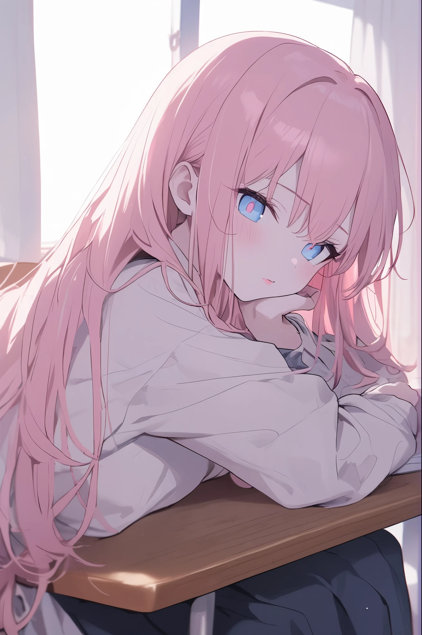 (Best quality、masterpiece、High resolution、detailed)、(Beautiful animation)、(shining eyes、detailed)､1 female, school uniform,detailed hair,pink long hair,blue eyes,,pale skin,27세 여성,sitting on a chair, school desk,detailed beautiful school,cover with a pink blanket,cute,lovely,(long hair:1.3),(((pastel)) light-pink hair),pale skin,(pink cheeks),((pink lips))