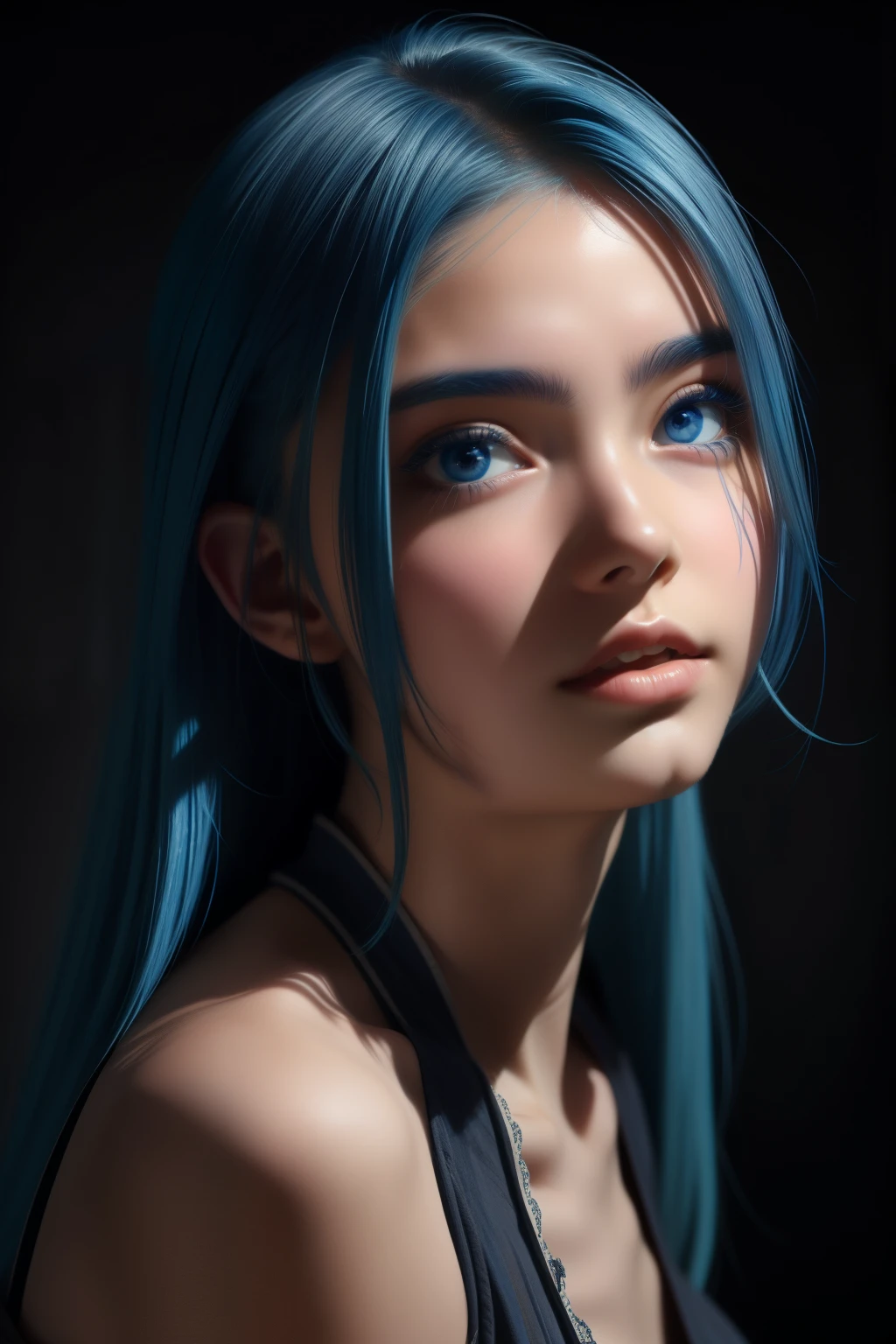 Blue-haired girl，Drooping eyes，Hyper-realistic，Photo texture，Extremely beautiful。