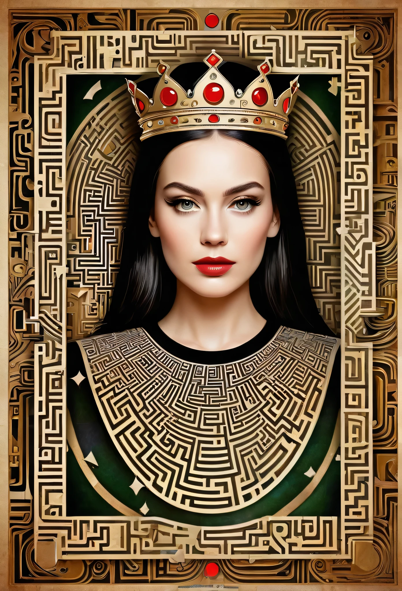 professional image, professional lights, ai drivenl maze,, a queen of clubs card with a strange maze made by book pages, lost and forgotten, hypnotic, mistic and strange image, old card, the queen got a futuristic picasso's style face
