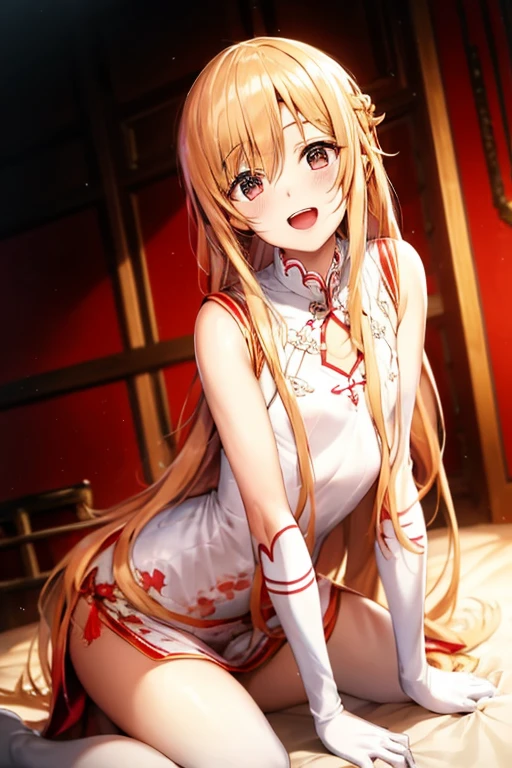 ((Best Quality)), ((masterpiece)), (be familiar with), Perfect Face, indoor, bedroom, Watching the audience,
One woman, Yuuki Asuna,
Open Mouth, Ecstatic expression, blush, smile,
Small breasts,  flat chest, , , , Girl,
Long Hair, Long Hair,
Leg spread,