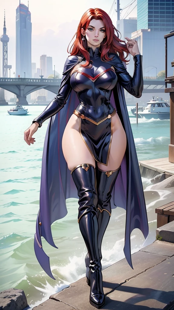 ((masterpiece)), ((best quality)), ((highres)), 1girl, solo, superhero, (leotard, bare legs), matching boots, city backdrop, standing, hands on hip, medium breasts, belt,