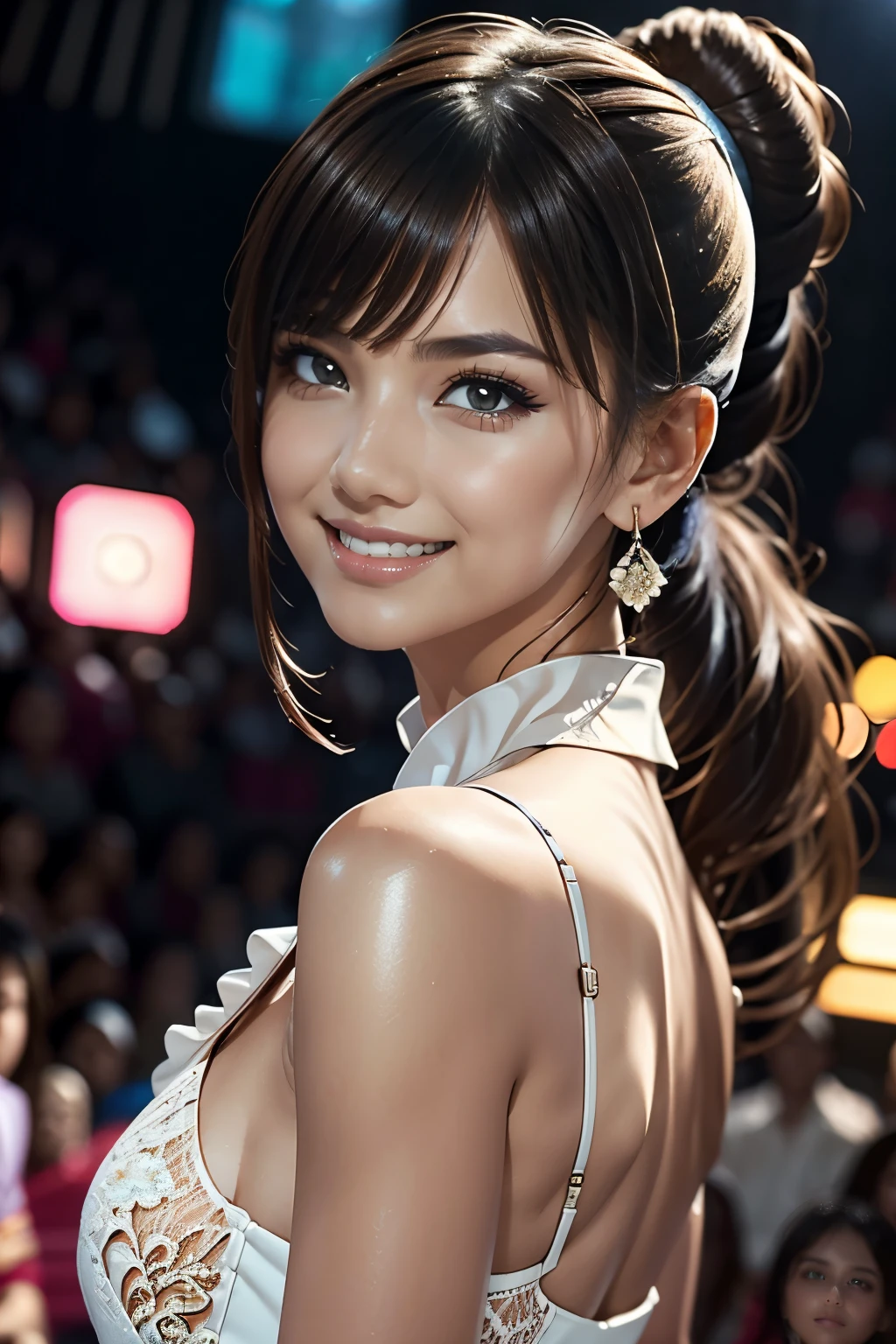 1girl,bangs,bare arms,collar,maxi white lace cheongsam,detailed background,detailed eyes,brown hair,earrings,close-up of face,jewelry,slim,flat chest,ponytail,looking at viewer,makeup,night scene,red lips,signature,laughing,solo,standing,On the T-stage,catwalk,fashion show,Surrounded by crowded crowds on both sides of the stage,neon lights