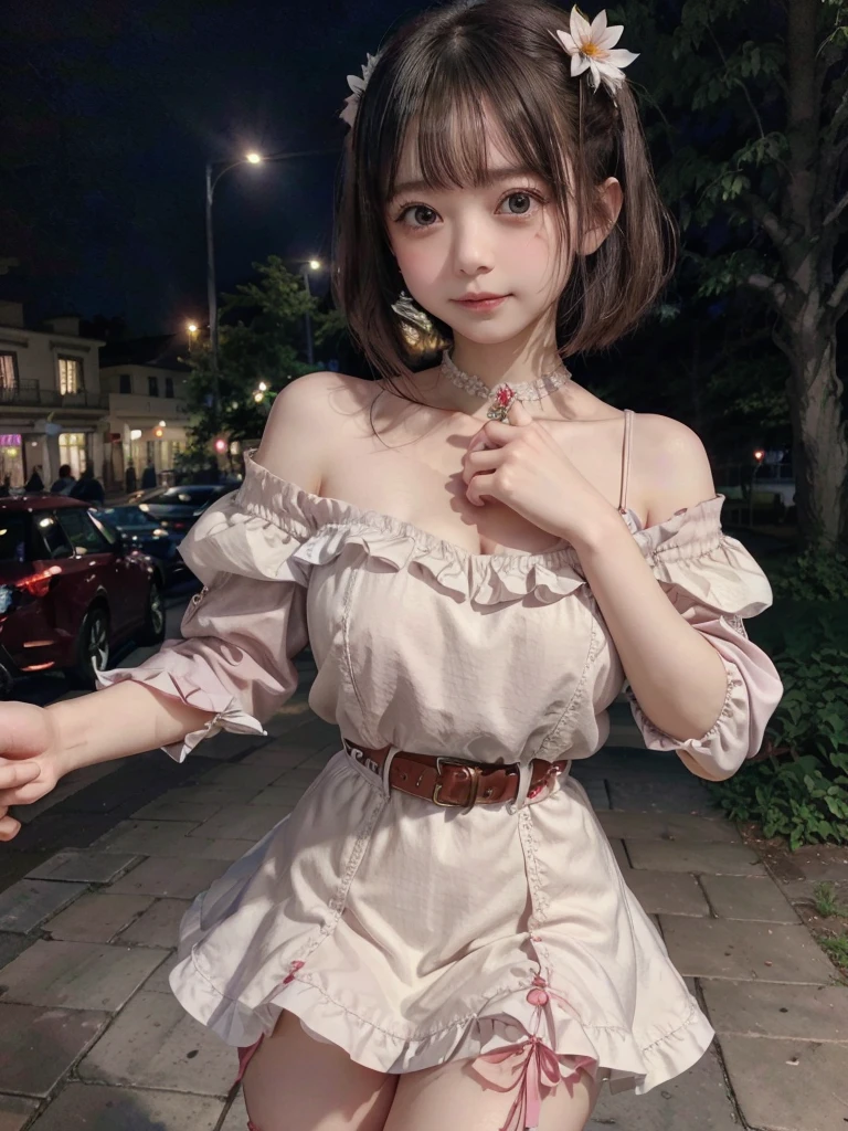 (8K、RAW Photos、Highest quality、masterpiece:1.2)、(Highest quality、Realistic)、1 Girl、((ribbon、Tube top、Off the shoulder、Medium Hair、Big Breasts、Breast enlargement、smile、Pink and black、Lace mini skirt、Thin legs、whole body、boots、garden、View from the front、Looking into the camera、Idol Costume、Stand with hands on hips))、cute