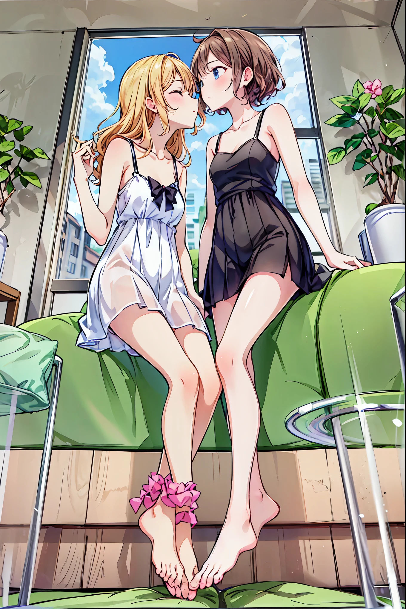 -Lily , Multiple Girls, 2 girls, Lily, dress, sofa, Long Hair, {{kissu, plant, Eyes closed, window, indoor, Sitting, Blurred foreground, on sofa, white dress, Blurred, bare shoulders, moon, potted plant,  boundary depth writing , Sleeveless dress, Blonde, Sleeveless, Chest, black dress,  Black Hair , pillow, bottle, Exposing arms, full moon, night, Books, , very Long Hair, clavicle, My legs stick out of the frame, Clevis, cup, bangs, null, Brown Hair, medium Chest, Wavy Hair, curtain,  spaghetti straps, cushion, Particles of light, profile，High school girl ，、Brown Hairのポニーテール，French{{kissu, barefoot，I can see your underwear，Fingers in the crotch，小さいChest，Small Ass，beautiful profile，distinct limbs，Clear nose bridge， Anatomically correct limbs ，((From below:1.2)),