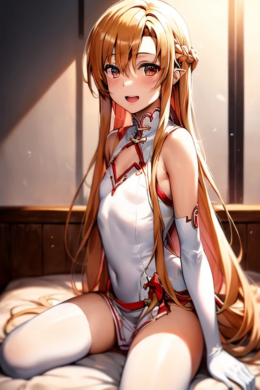 ((Best Quality)), ((masterpiece)), (be familiar with), Perfect Face, indoor, bedroom, Watching the audience,
One woman, Yuuki Asuna,
Open Mouth, Ecstatic expression, blush, smile,
Small breasts,  flat chest, , , , Girl,
Long Hair, Long Hair,
Leg spread,