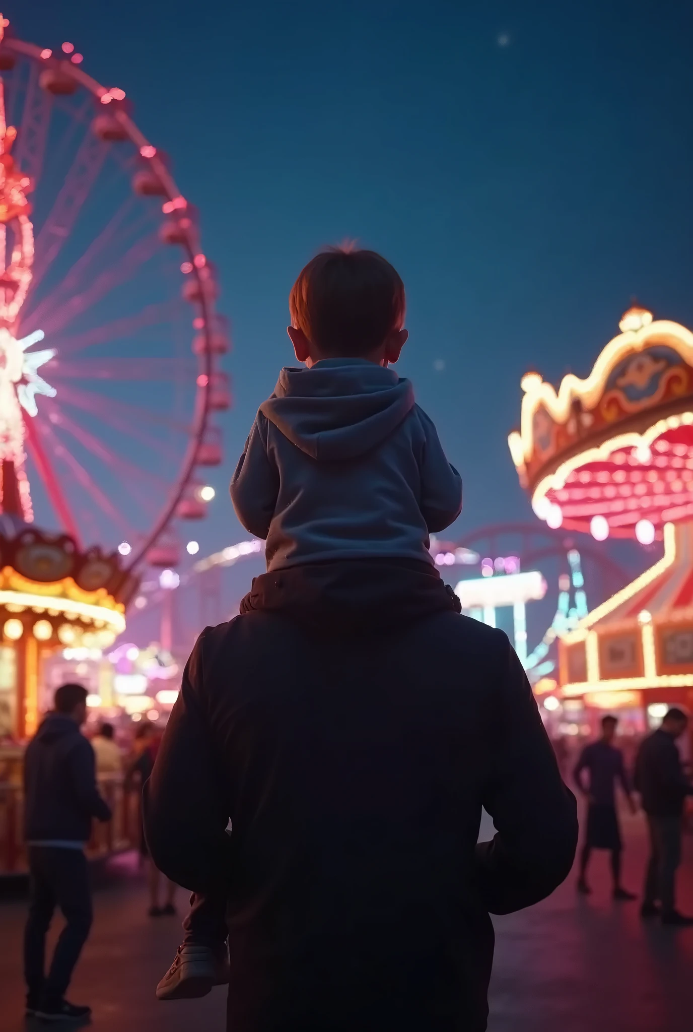 A  being carried on their father's shoulders at a night amusement park, merry-go-round, ferris wheel, rollercoaster, detailed lighting effects, cinematic, 8k, photorealistic, dramatic lighting, vibrant colors, hyperrealistic, volumetric fog, intricate details, mesmerizing atmosphere