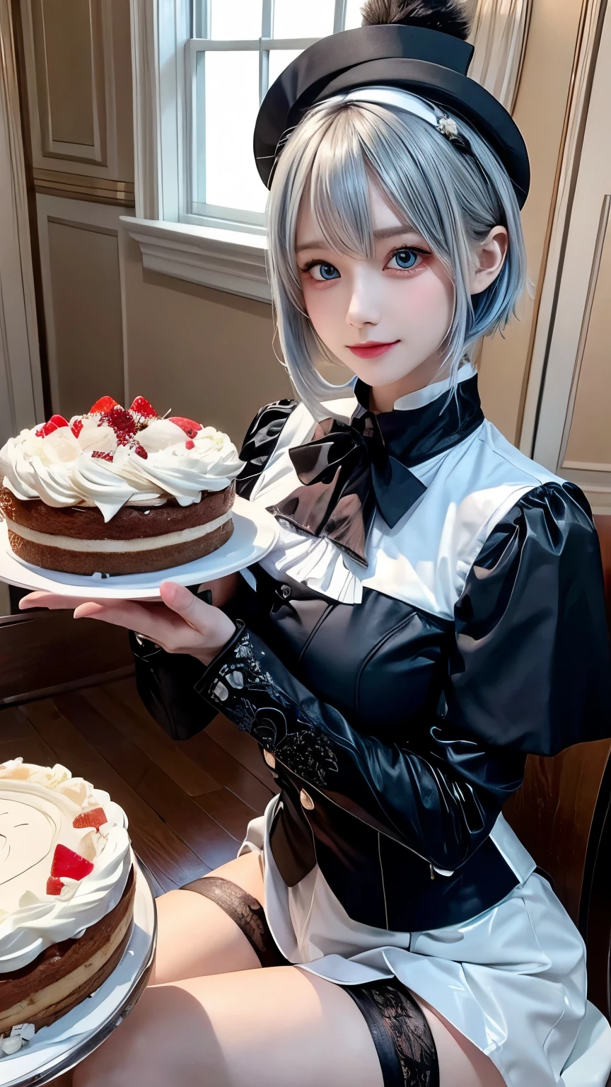 A half-robot girl who has only one eye and is happy with her pupils closed and loves to bake pies with a burgundy leaf on top and has short 2000s style blonde hair. 