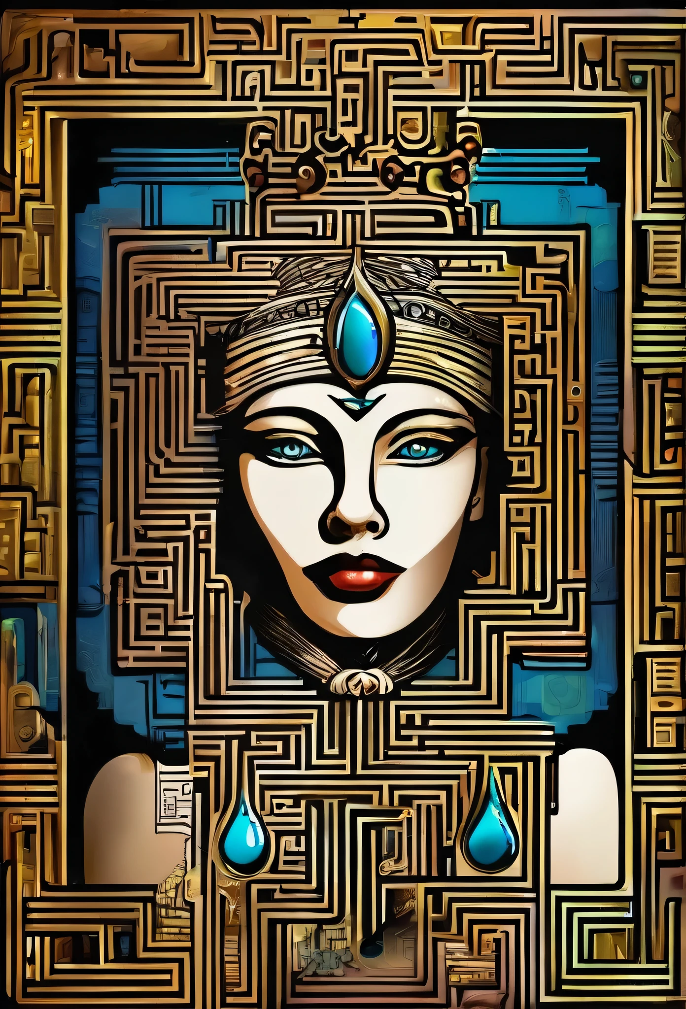 professional image, professional lights, ai drivenl maze,, a queen of clubs card with a strange maze made by book pages, lost and forgotten, hypnotic, mistic and strange image, old card, the queen got a futuristic picasso's style face
