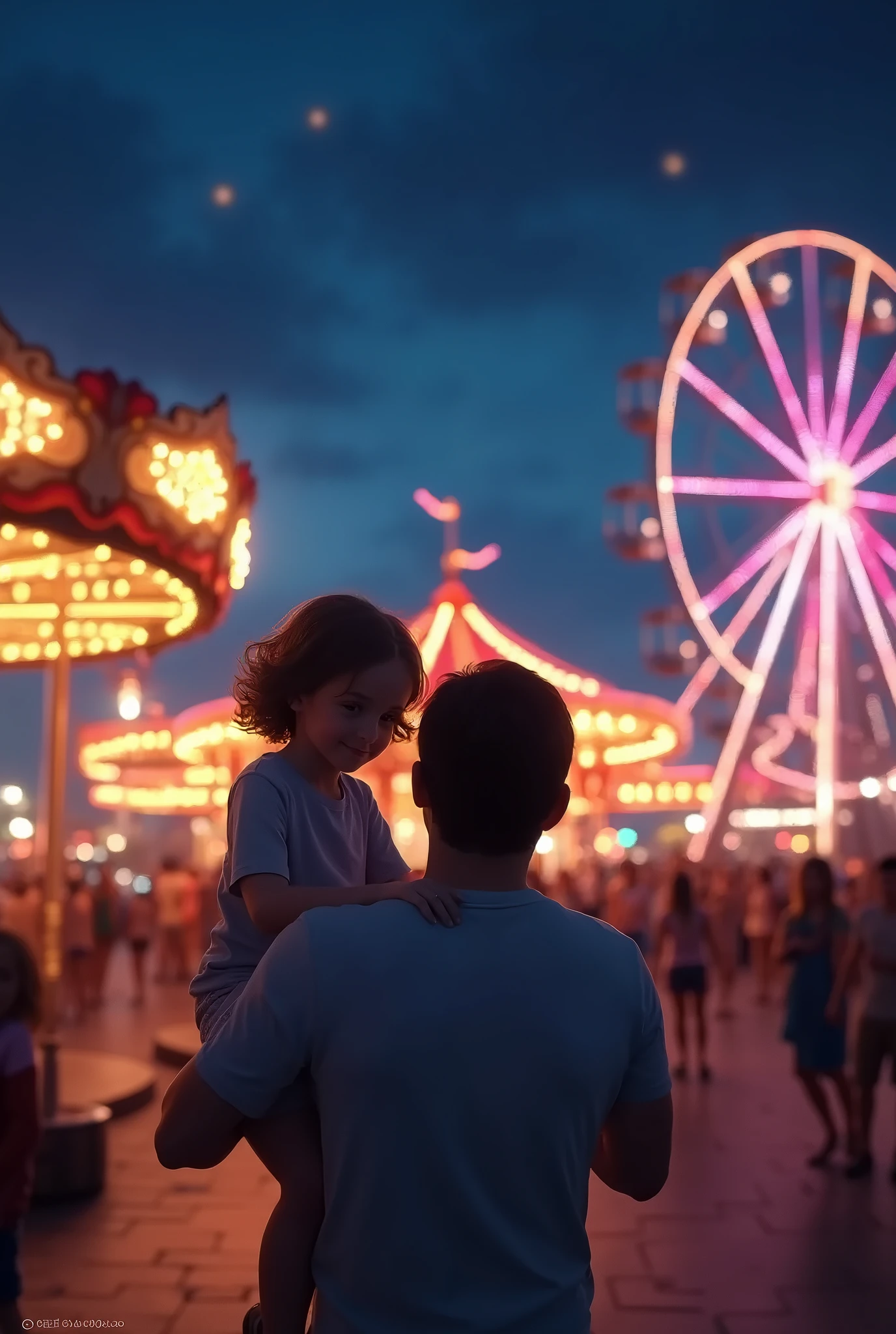 Amusement park at night、 Merry-Go-Round、Ferris Wheel、 Rollercoaster、A father carrying his  、Light effects