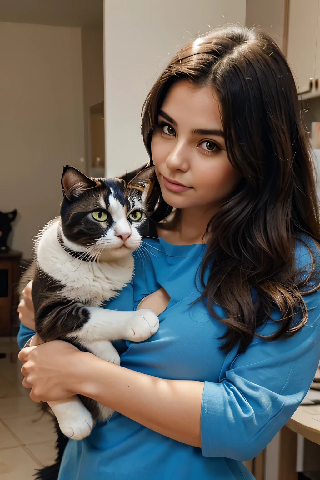 Lauren Jauregui with a two-color cat ( white with black spots)