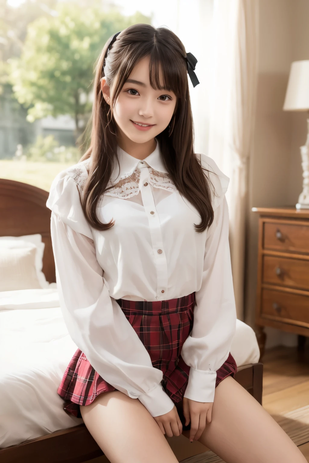 (Top image quality, 8K, masterpiece), top-quality, 超A high resolution,Japan Girl, 18year old、On a modern bed、Sit on a loose blouse and spread your legs、 kawaii faces, Melancholy look, double eyelid、middlebreasts、Twin braid hairstyle、Fairytale room、Movie Lighting, Photorealsitic, real looking skin, nffsw, 35 mm, Shot with Leica,