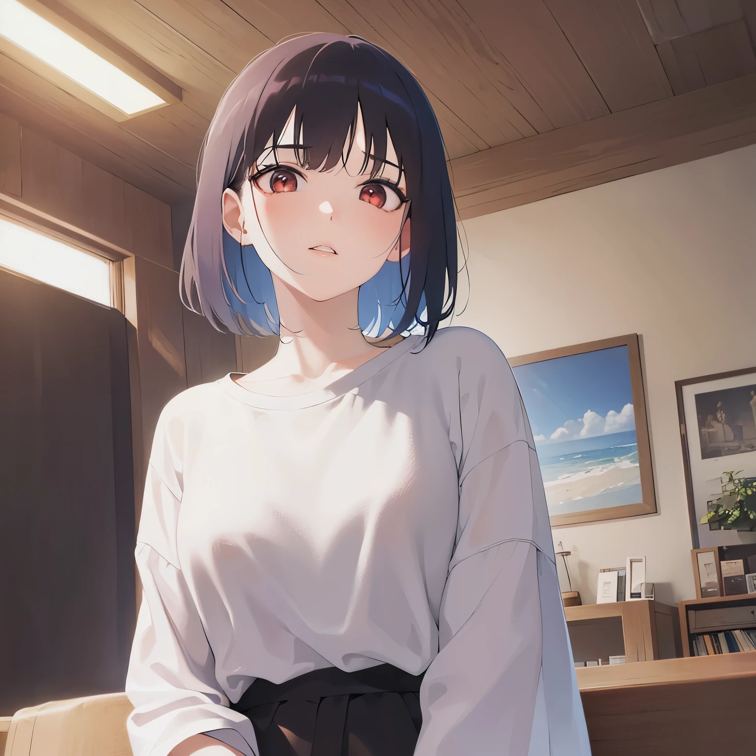 Looking up、upper body, wet hair 、
(pale skin:1.2), shiny skin, shiny hair、(A 40-year-old woman:1.5) and (bob cut) and (hair between eyes) and (black hair) and (red eyes),
over size t-shirt、oversized clothes,white shirt,
blush,Standing、
The background is the living room at night、(alone:1.5)