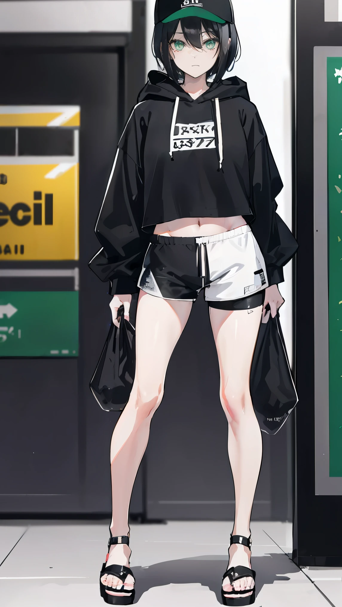 whole body,standing posture, (black hair,Shaggy Cut,  Light Emerald Eyes ) (Medium chest,20s female,), ( beautiful face:1.2) (plain black baseball cap, A large cropped plain black hoodie,  Black Short Sticky Shorts), (A shy or embarrassed expression),(convenience store),(white slide sandals), 