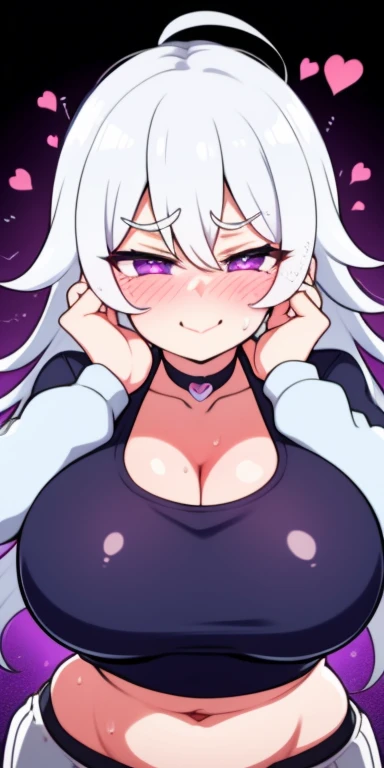 1girll,Heart-shaped pupils,finger nails,hand on own face,White hair,Purple eyes,(Blush:1.1),choker necklace,Upper body,Trembling,Sweat,drops of sweat,Heart,(speed-line:1.1),Medium breasts, ((rough breath:1.3)), Love, Heart, Crop top, cheerfulness, Smile