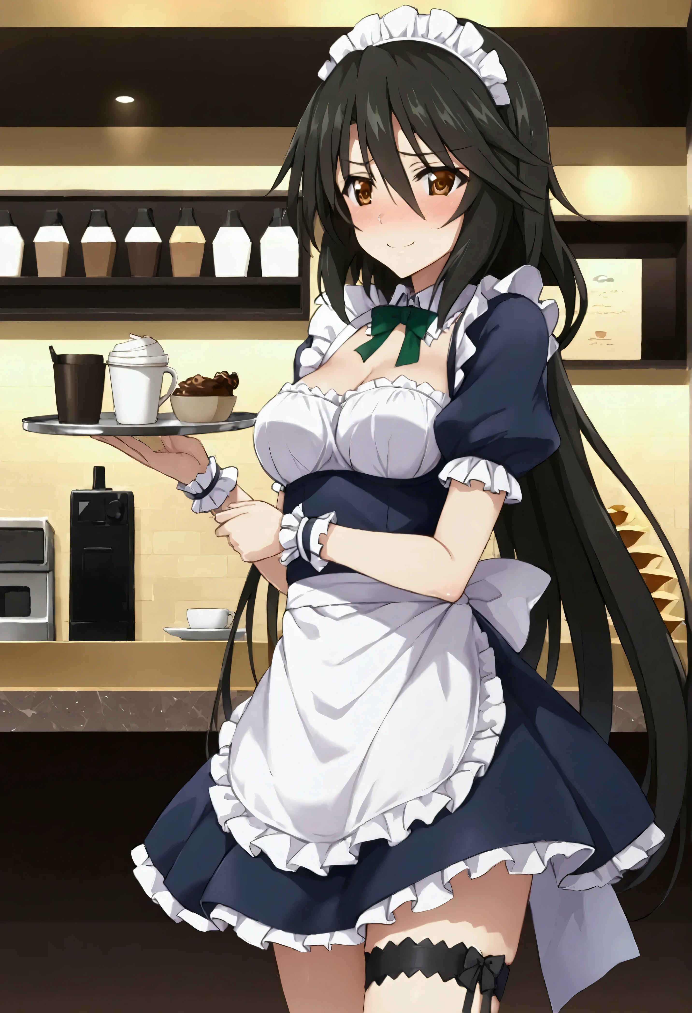 NSFW,masterpiece,Best Quality,High resolution, very detailed,Chifuyu Orimaru\( Infinite Stratos\),Long Hair、bangs、Black Hair、Hair between the eyes、 Brown Eyes ,Maid uniform,Maid Headband, Thigh Straps,Coffee shop,Embarrassed,blush,smile,Tray