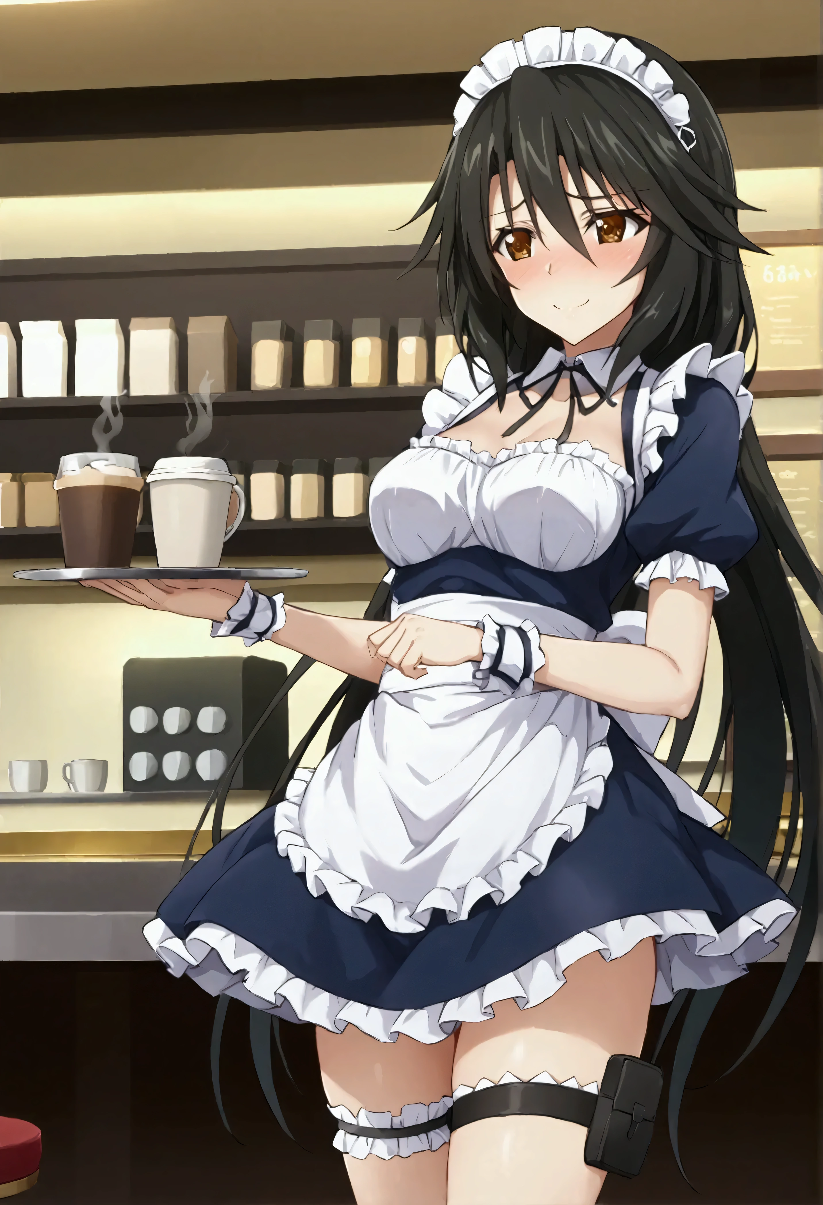 NSFW,masterpiece,Best Quality,High resolution, very detailed,Chifuyu Orimaru\( Infinite Stratos\),Long Hair、bangs、Black Hair、Hair between the eyes、 Brown Eyes ,Maid uniform,Maid Headband, Thigh Straps,Coffee shop,Embarrassed,blush,smile,Tray