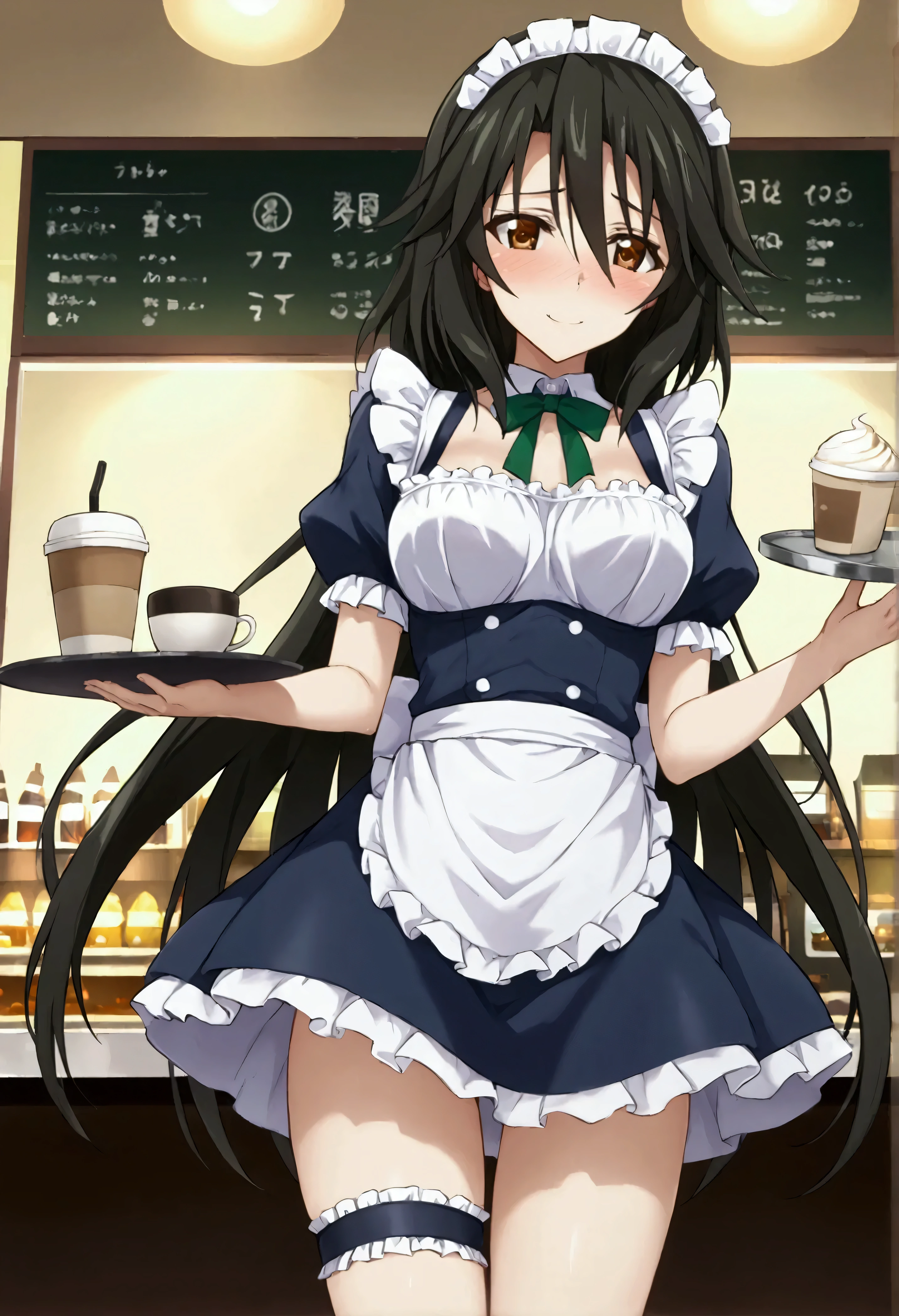 NSFW,masterpiece,Best Quality,High resolution, very detailed,Chifuyu Orimaru\(Infinite Stratos\),Long Hair、bangs、Black Hair、Hair between the eyes、 Brown Eyes ,Maid uniform,Maid Headband, Thigh Straps,Coffee shop,Embarrassed,blush,smile,Tray