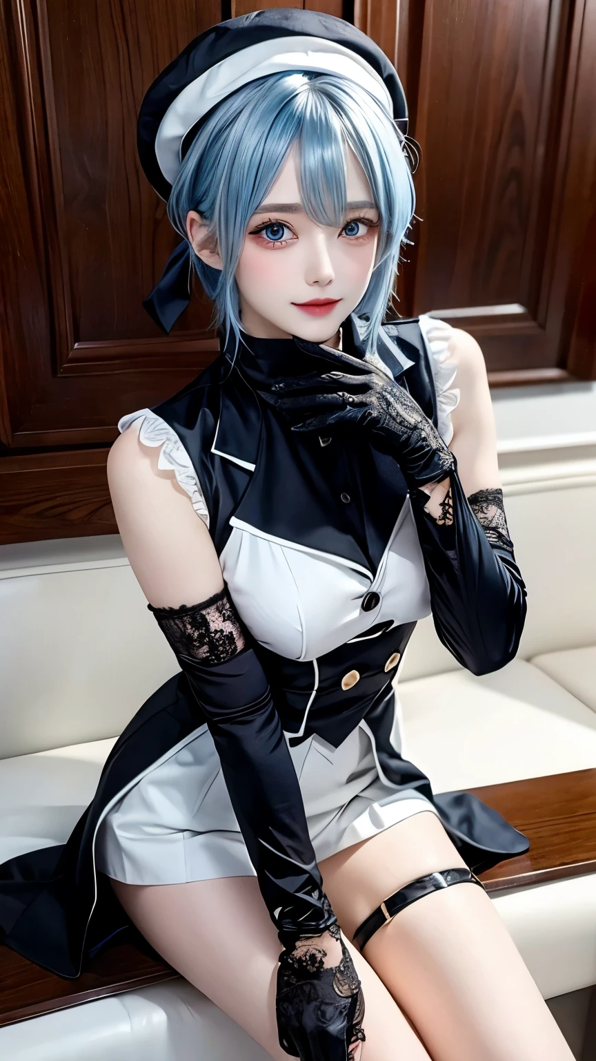 1 girl, maid outfit, short light blue hair, black outfit, maid outfit, bed, exposed shoulders, blue eyes, hairpins, full body, sitting on bed, ((bangs comb on the right))), window, sunlight, (symmetrical eyes)