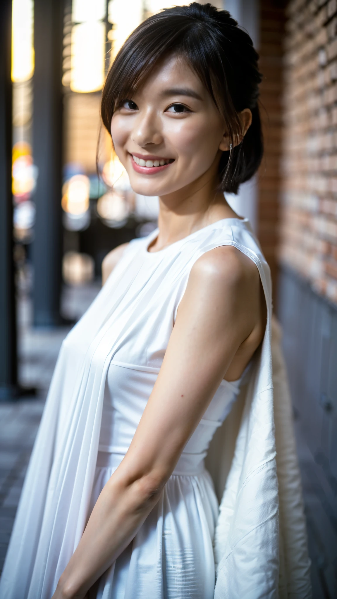 Best Quality,masterpiece,Ultra-high resolution,High-definition RAW color photos,Professional photos,Natural skin texture,Fine skin,Hyperrealism, Japanese Woman ,Short black hair,(Cute smile,Beautiful white skin,Walking around the city,white chiffon dress,High heels,walking,(face focus,Close-up of face))