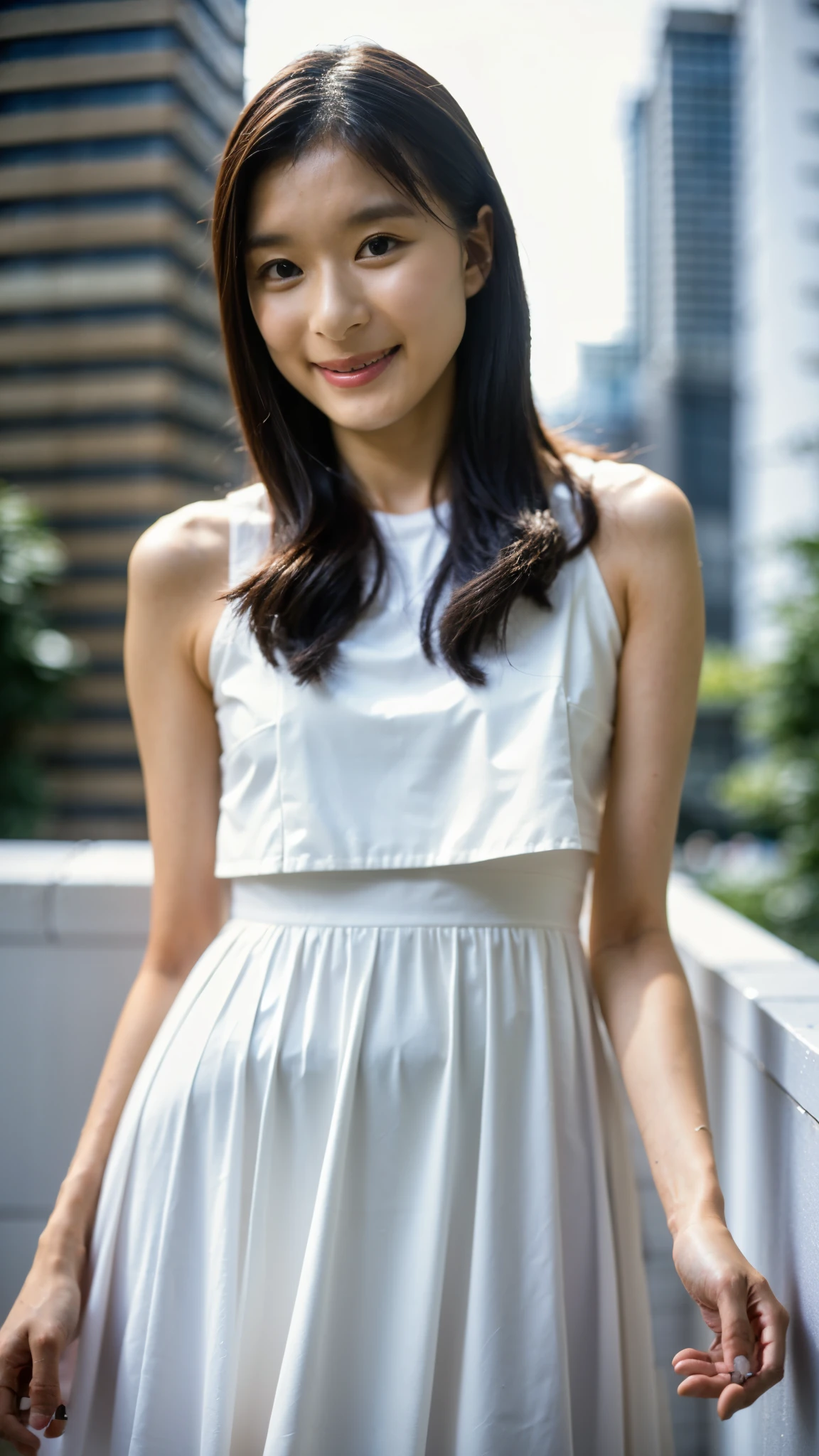 Best Quality,masterpiece,Ultra-high resolution,High-definition RAW color photos,Professional photos,Natural skin texture,Fine skin,Hyperrealism, Japanese Woman ,Short black hair,(Cute smile,Beautiful white skin,Walking around the city,white chiffon dress,High heels,walking,(face focus,Close-up of face))