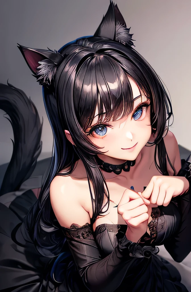 1girl, young, dark-blue eyes, medium length black hair, cat ears, cat tail, full white dress, covered shoulders with a bedspread with the hood removed, ultrasharp, 8K, masterpeace, looking at viewer, smiling, shy, nude, boobs outsite, nipples