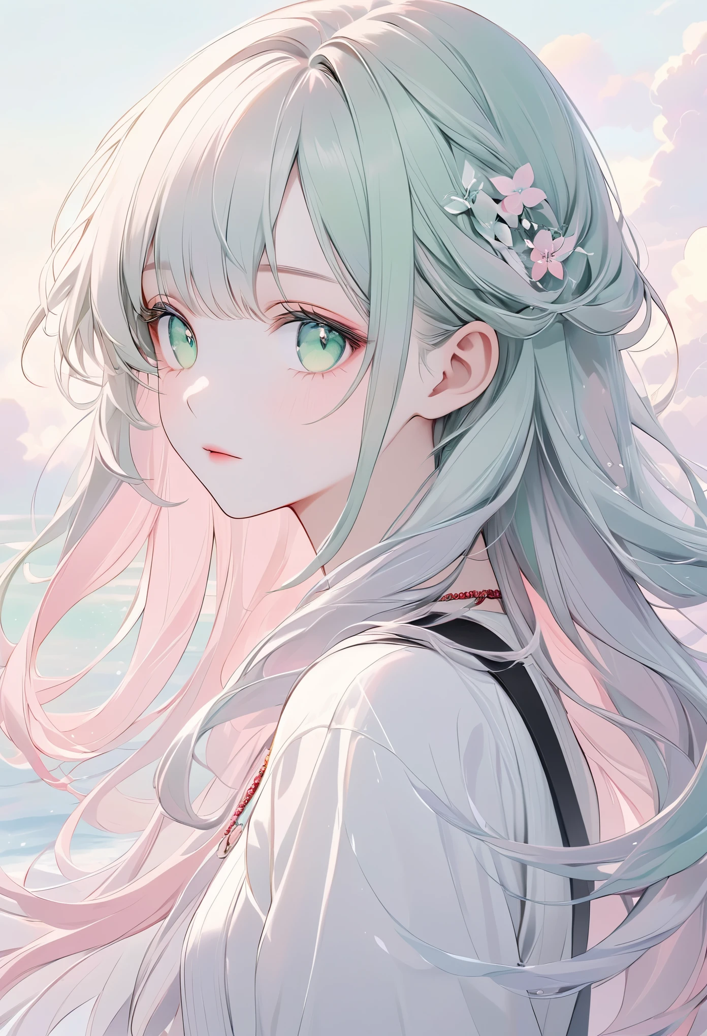 masterpiece, best quality, ultra-detailed, pastel color palette, a soft and ethereal depiction of a character with a striking black-and-white hairstyle. Their long hair is rendered in soft, flowing pastel tones, with the black side of their hair shaded in gentle hues of grey and the white side blending into soft, pale pastels. Their green eyes are painted with soft, glowing pastel tones, giving them a dreamy, otherworldly quality. The scar on their face is depicted with gentle pastel reds, blending seamlessly into the soft shading of their pale skin. The character’s red necklace is rendered in muted pastel pinks, adding a soft pop of color that contrasts with the monochromatic tones of the rest of the image. The overall composition feels soft and serene, with the pastel colors creating a calm, dreamlike atmosphere that contrasts with the character’s intense gaze. The background is kept minimal, with soft pastel gradients that blend into the character’s flowing hair, enhancing the ethereal quality of the scene.