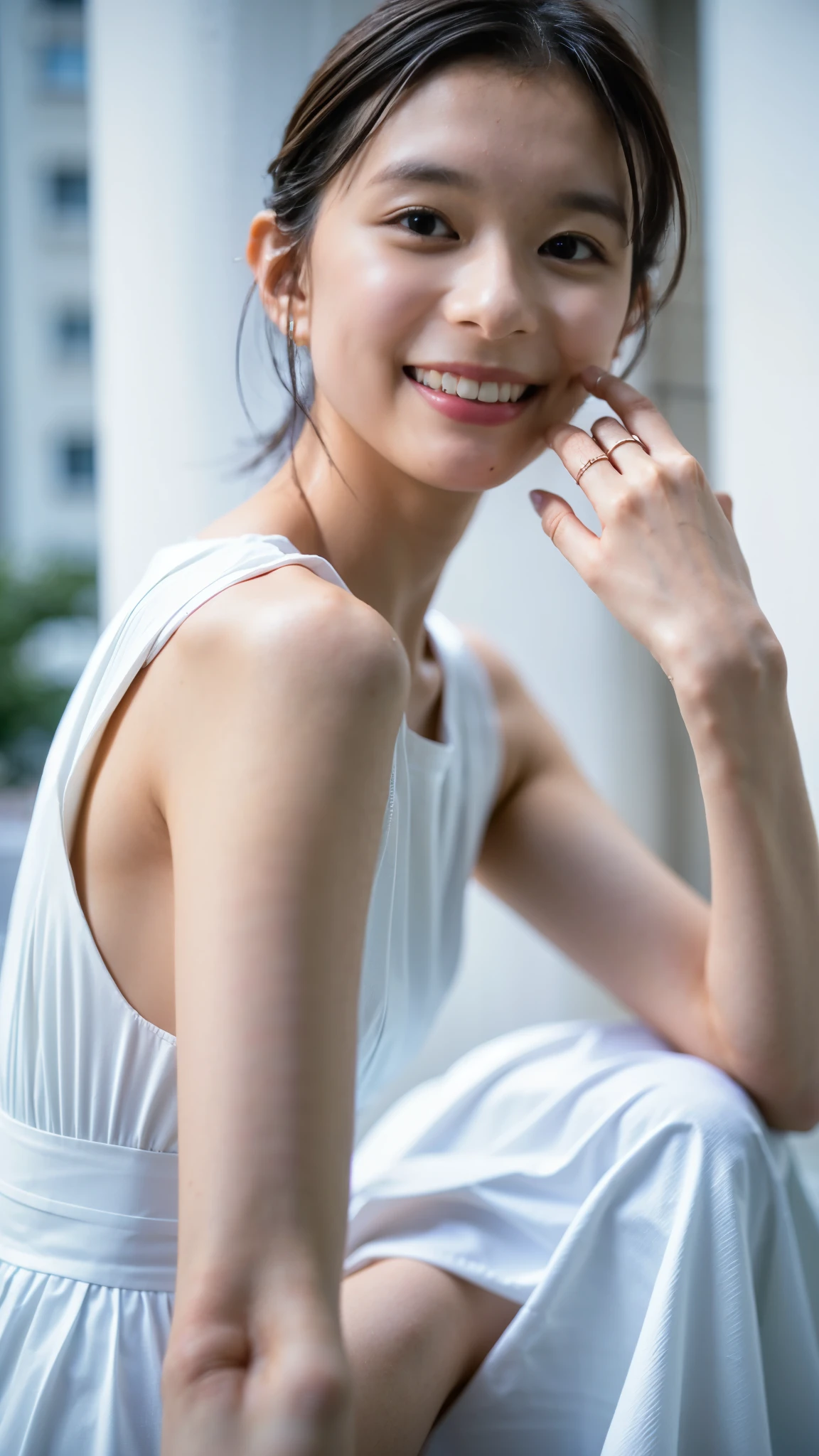 Best Quality,masterpiece,Ultra-high resolution,High-definition RAW color photos,Professional photos,Natural skin texture,Fine skin,Hyperrealism, Japanese Woman ,Short black hair,(Cute smile,Beautiful white skin,Walking around the city,white chiffon dress,High heels,walking,(face focus,Close-up of face))