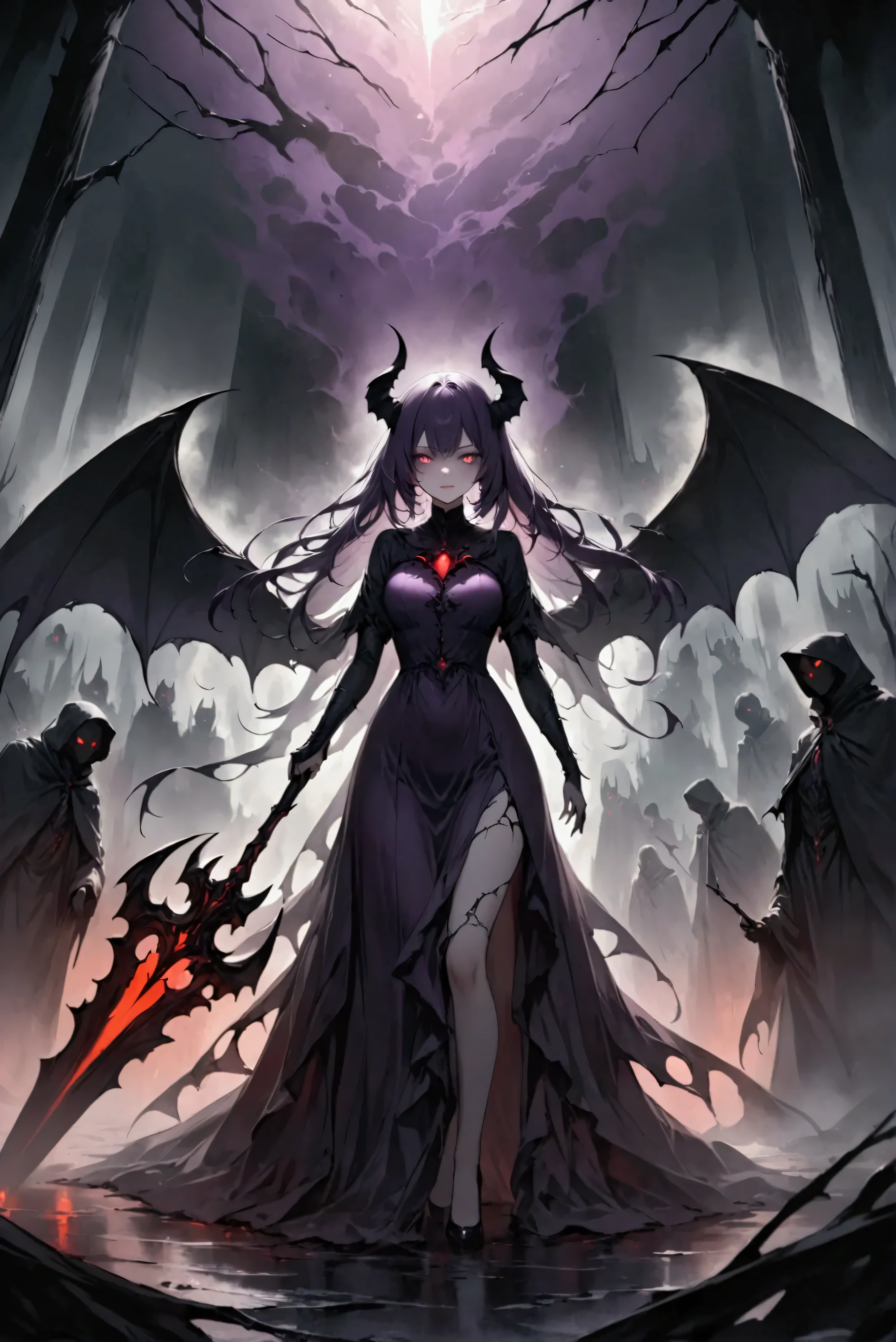 masterpiece, best quality, ultra-detailed, a scary demon queen holding her spear diagonally, her lips curling into a cold smile as she gazes forward, her dark, bat-like wings spread behind her, with their edges faintly glowing in red, purple mist swirls around her, adding to the mysterious and foreboding atmosphere, the ground beneath her is charred and cracked, with red light seeping out from the crevices, in the background, shadowy, twisted figures move slowly, creating a sense of unease, eerie sounds echo through the air, making the setting feel otherworldly, amidst the dark and grim environment, she stands out, her figure radiating with power, as if she is the undisputed ruler of this dark realm.