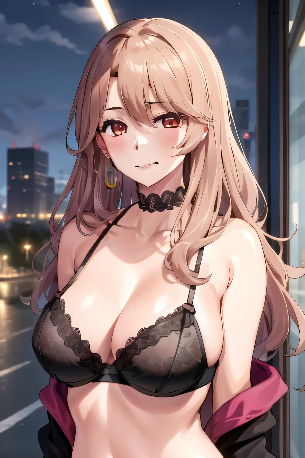 score_9, score_8_up, score_7_up, source_anime, (honoka\(DOA\)), luxurious wheels, st. louis \(azur lane\) \(cosplay\), silver dress, cowl neck, evening gown, plunging neckline, cleavage, collarbone, bare shulders, halter dress, backless dress, underboob, sideboob, areola slip, outdoors, cityscape, street, night, moon, bent over, smile, blush,, cowboy shot, dutch angle,