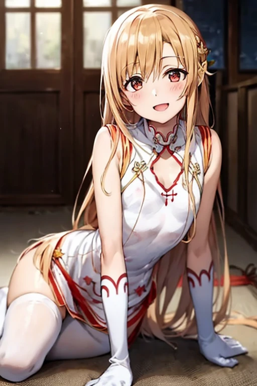 ((Best Quality)), ((masterpiece)), (be familiar with), Perfect Face, indoor, bedroom, Watching the audience,
One woman, Yuuki Asuna,
Open Mouth, Ecstatic expression, blush, smile,
Small breasts,  flat chest, , , , Girl,
Long Hair, Long Hair,
Leg spread,